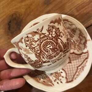Decorative Teacup Set – Brown Illustrated Scenes – Excellent Condition